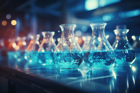 A row of glass vases filled with blue liquid, imaginary laboratory glassware in blue and orange lightsの素材