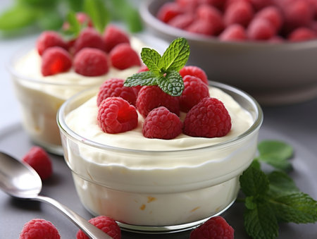 A couple of small bowls of food with raspberries, Valentines day desserts.の素材
