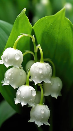 A close up of a bunch of white flowers, lily of the valley flowers, isolated on white backgdoundの素材