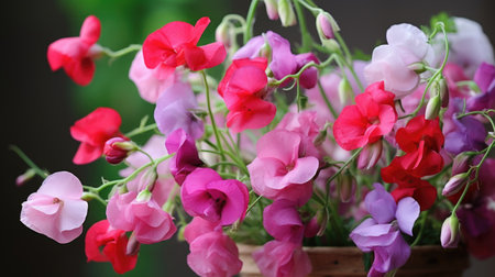 A vase filled with lots of pretty pink and purple flowers, spring flowers, sweet peaの素材