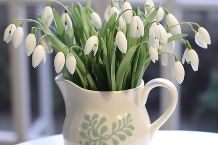 A white pitcher filled with lots of white flowers, early spring flowers, snowdrops.の素材