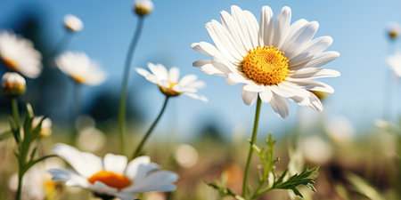 A field of daisies with a blue sky in the background, spring daisy flowersの素材