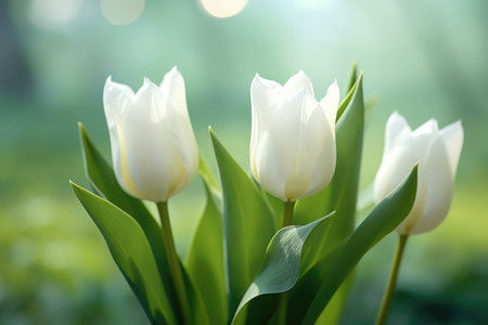 Three white tulips in a vase on a window sillの素材