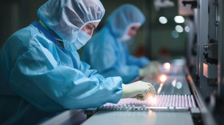 In a controlled clean room environment, scientists, masked and gloved, collaborate on biotechnological solutions with precisionの素材