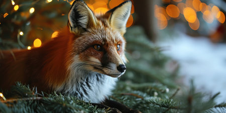 A close up of a fox in a tree, Christmas or wintertime pictureの素材