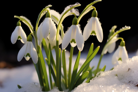 A group of snowdrops in the snow, early spring flowers, snowdrops.の素材