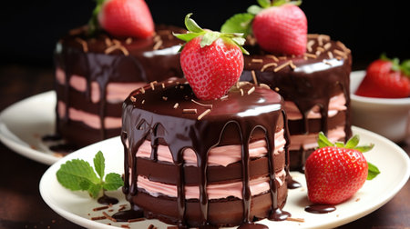 A piece of chocolate cake with strawberries on top, Valentines Day dessertsの素材