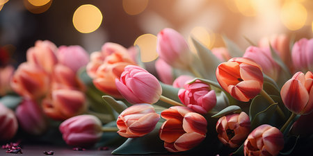 A bunch of pink tulips sitting on top of a tableの素材