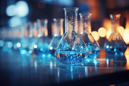 A group of glass flasks sitting on top of a table, imaginary laboratory glassware in blue and orange lightsの素材
