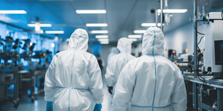 Clad in protective gear, scientists operate in a pristine clean room environment in a modern biotech companyの素材