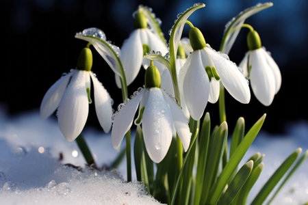 A group of snowdrops are in the snow, early spring flowers, snowdrops.の素材