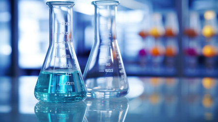 Three flasks filled with blue liquid sitting on a table, copy-space, place for text, imaginary laboratory interior with glassware.の素材