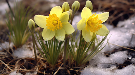 A couple of yellow flowers that are in the snow, winter or early spring flowersの素材