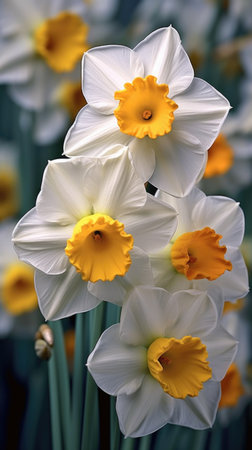 A bunch of white and yellow flowers in a field, white and orange daffodils, spring floral wallpaperの素材
