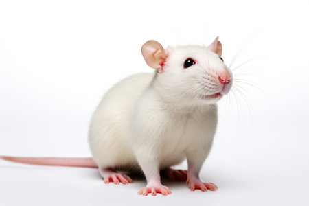 A white rat sitting on top of a white surface, laboratory animal, testing model for researchの素材