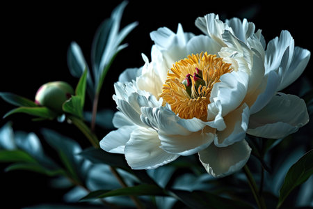 A close up of a white flower with a yellow centerの素材