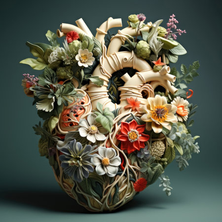 A heart made out of flowers and vines, human heart with spring flowers on green background.の素材