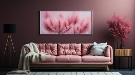 A living room with a pink couch and a painting on the wallの素材