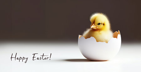 Happy Easter greeting panoramic banner card, a baby chicken sitting inside of an egg shellの素材