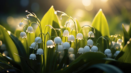A close up of a bunch of flowers in the sun, lily of the valley spring on spring background outdoors.の素材