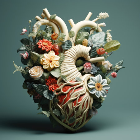 A heart shaped arrangement of flowers and leaves, human heart with spring flowers on green background.の素材