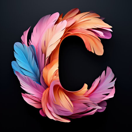 The letter c is made up of colored feathers on black backgroundの素材