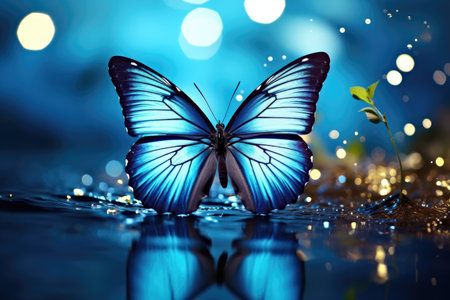 A blue butterfly sitting on top of a puddle of waterの素材