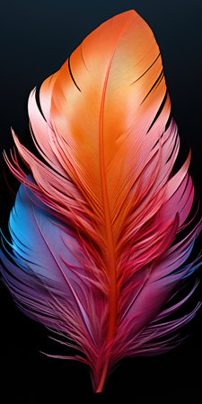 A close up of a colorful feather on a black backgroundの素材