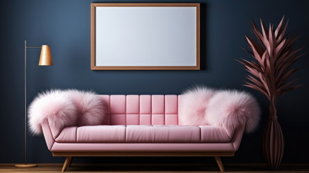 A living room with a pink couch and a framed pictureの素材