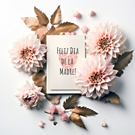Card design with pink flowers and leaves. Greeting text Feliz dia de la Madre, Happy Mothers day in Spanish.の素材