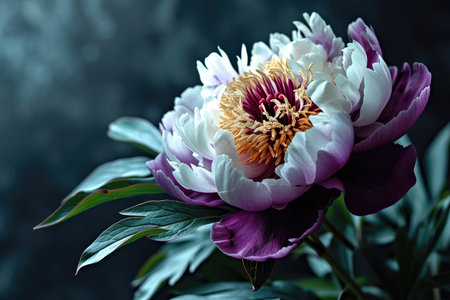 A white and purple flower with green leavesの素材