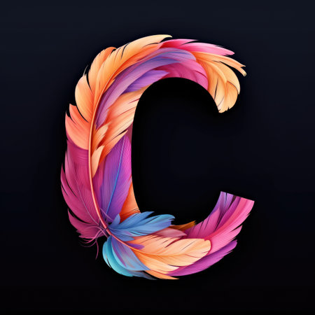 A colorful feathered letter c on a black background on black backgroundの素材