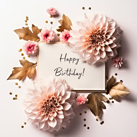 Words Happy Birthday on a white card surrounded by pink flowers and golden leavesの素材