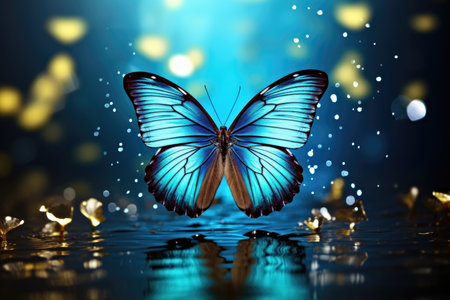 A blue butterfly flying over a body of waterの素材