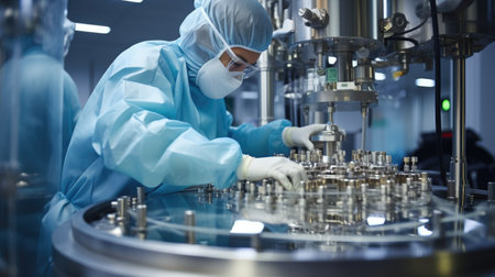 In a sterile clean room, a worker in protective coveralls operates a chemical reactor with meticulous careの素材