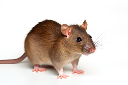 A brown rat standing on a white surface, laboratory animal, testing model for researchの素材