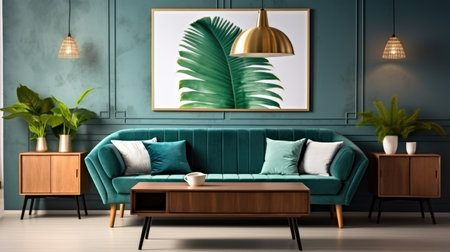 A living room with a green couch and a coffee tableの素材