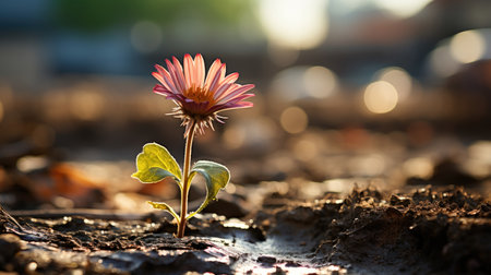 A small pink flower growing out of the groundの素材