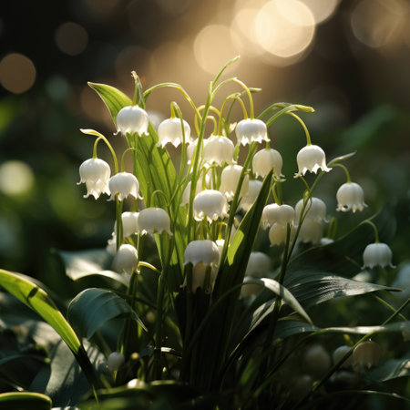 A close up of a bunch of white flowers, lily of the valley spring on spring background outdoors.の素材