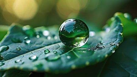 A drop of water sitting on top of a leafの素材