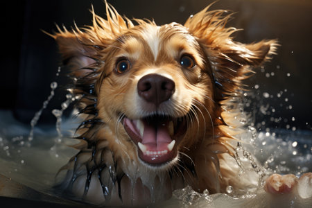 A dog is in the water with its mouth openの素材