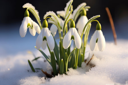 A group of snowdrops in the snow, early spring flowers, snowdrops.の素材