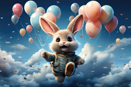A rabbit flying through the air with balloons. Happy Birthday greeting card designの素材