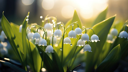 A close up of a bunch of white flowers, lily of the valley spring on spring background outdoors.の素材