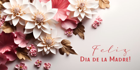 Panoramic banner with pink flowers and leaves. Greeting text Feliz dia de la Madre, Happy Mothers day in Spanish.の素材