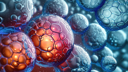 A close up of a bunch of undifferentiated stem cells or cell culture cells producing antibodiesの素材