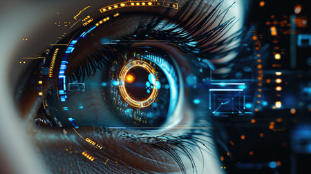 A close up of a persons eye with a city in the background, cyborg enhancement, digital camera in the eye with electronic symbols aroundの素材