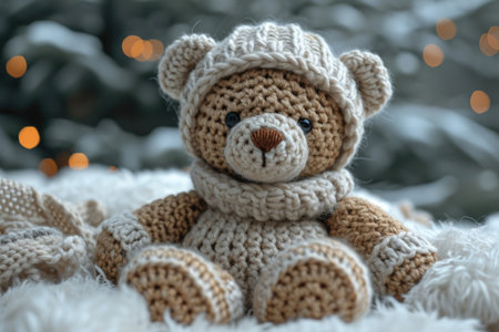 A toy bear wearing a knitted hat and scarf, handcrafted knitted miniature toy.の素材