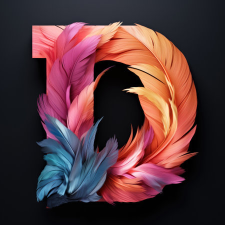 The letter d is made up of colored feathers on black backgroundの素材