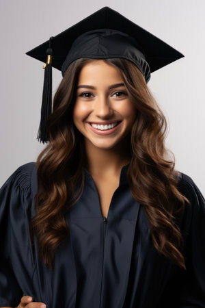 A woman wearing a graduation cap and gownの素材